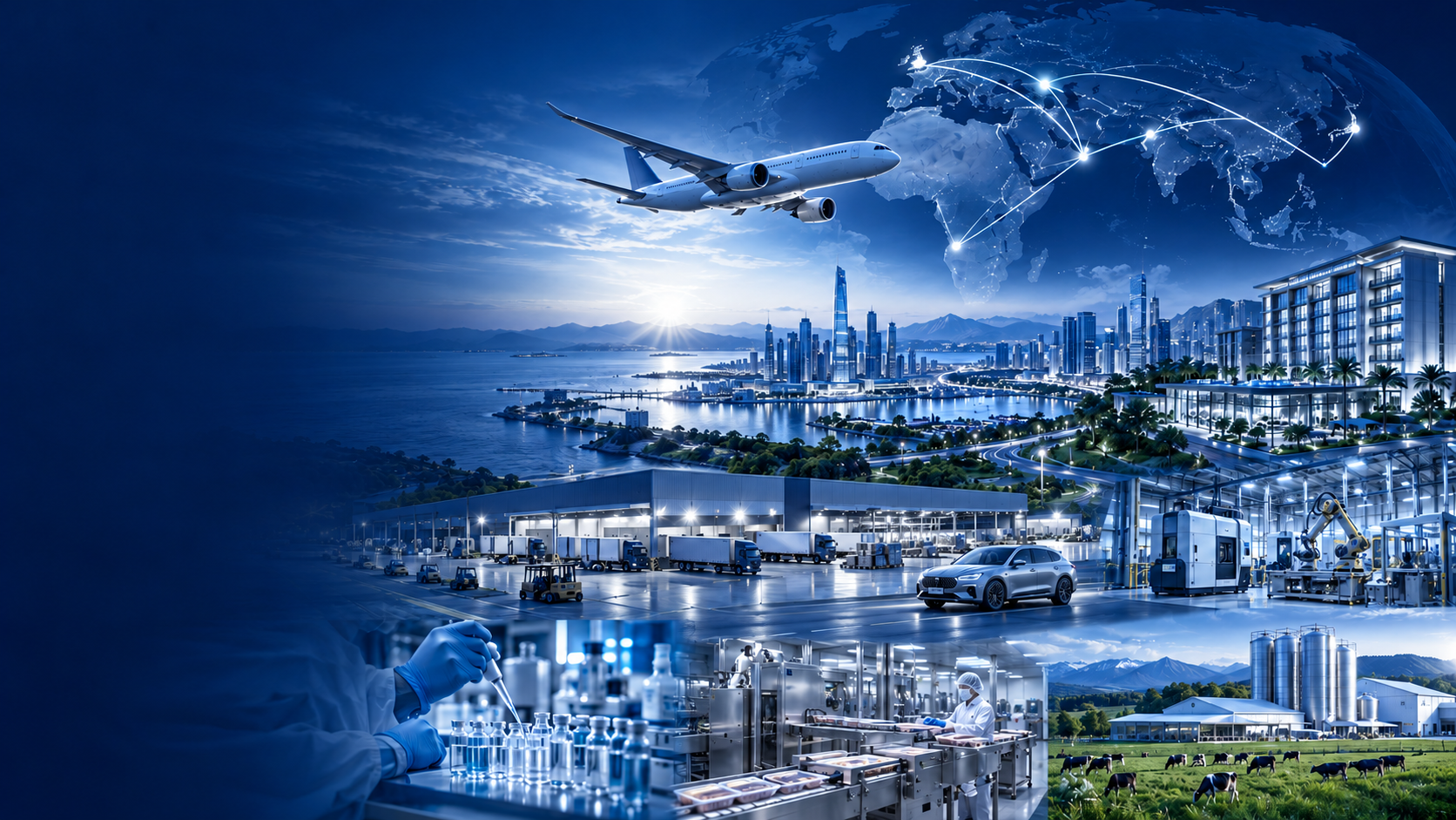 Conceptual illustration of Haqsons investment and business sectors: aviation, pharmaceuticals, food processing, dairy, property, hotels, warehousing, automotive, manufacturing and technology, connected through an illustrative global network